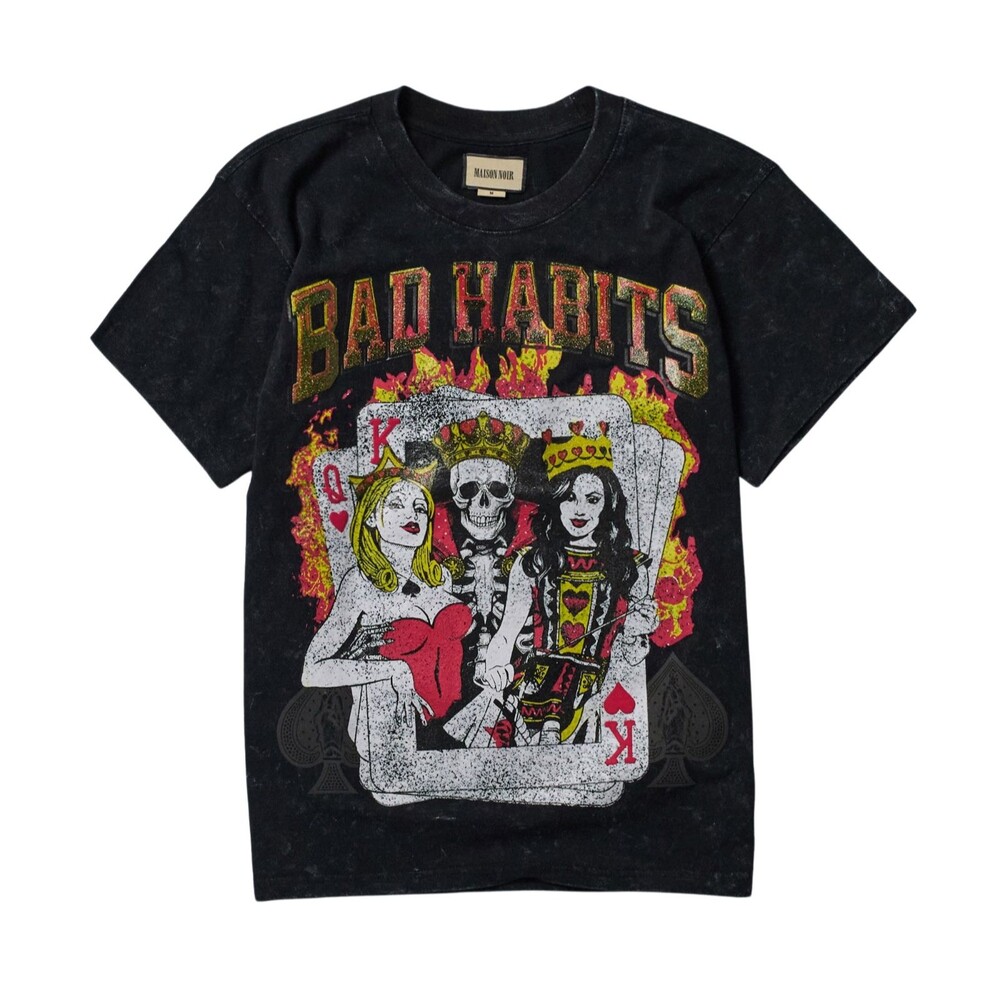 Reason T-Shirt Men’s Large Washed Black Bad Habits Cards Flames Skeleton Tee